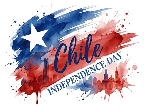 Watercolor illustration of chile independence day with national flag colors and santiago city skyline isolated on white background