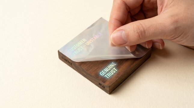 Hand peeling film to reveal wood underneath illustrating authenticity and genuine material over superficial appearance