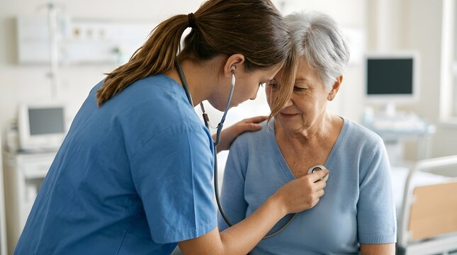 nurse checking heart rate of senior woman in hospital