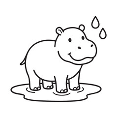 Cute hippo standing in a water puddle cartoon outline drawing with hippopotamus