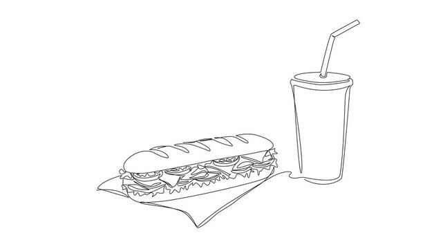 animated continuous line drawing of long sandwich sub on paper napkin and soft drink in disposable cup with straw, fast food line art animation