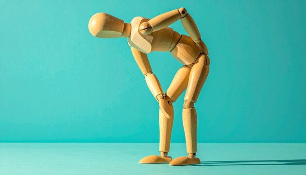 Wooden Mannequin Bending Over in Pain Holding Lower Back and Knee Conceptualizing Physical Fatigue and Body Aches