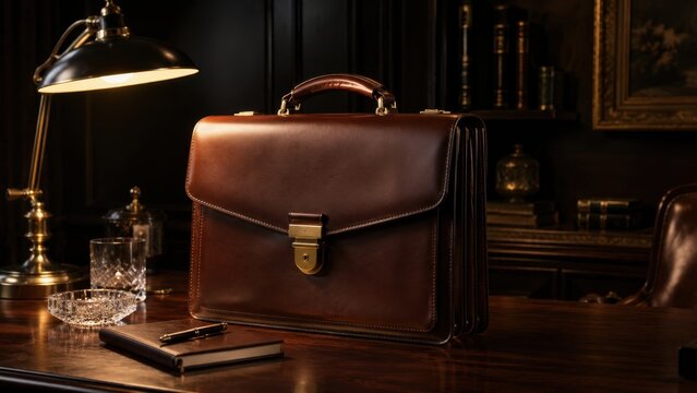Luxury Brown Leather Briefcase on Executive Wooden Desk in Classic Vintage Office. Concept of business bag.