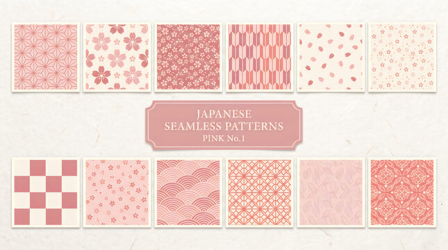 Delicate pink Japanese seamless patterns collection with floral cherry blossom and geometric designs on textured background