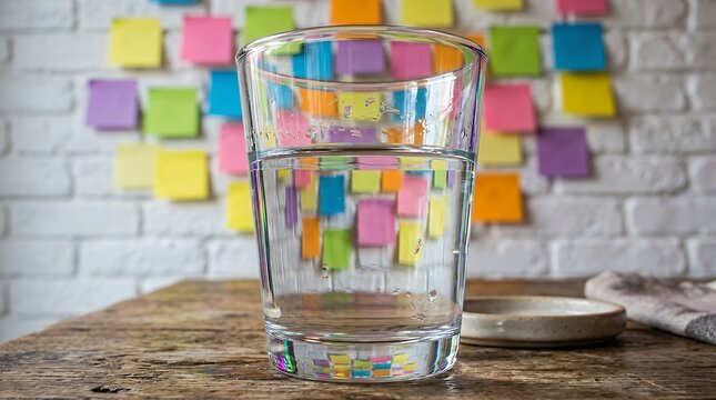 Half Full Glass of Fresh Water on Rustic Wooden Table with Colorful Sticky Notes on Brick Wall