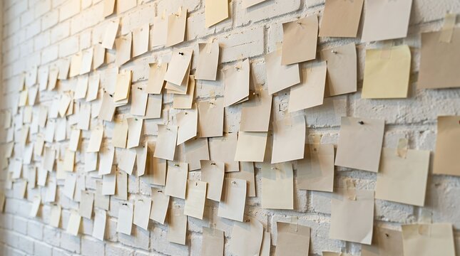 Many Blank Sticky Notes Pinned on a White Brick Wall for Creative Brainstorming and Project Planning
