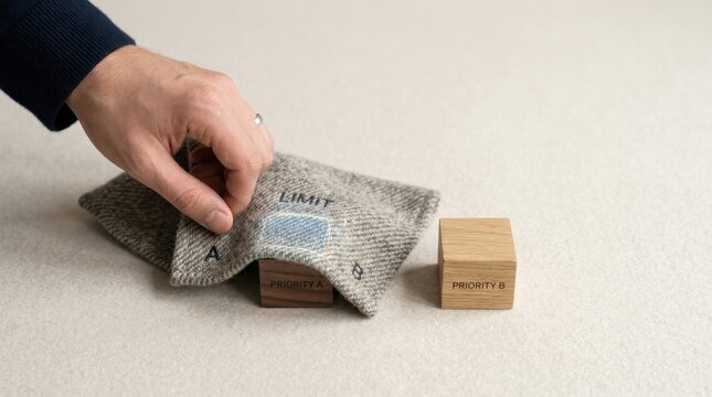 Strategic trade-off illustrated with a piece of fabric being placed on a wooden block by a person's hand