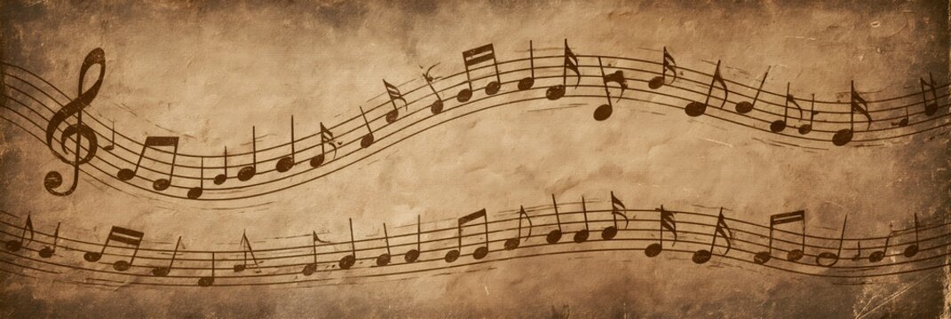 Nostalgic vintage sheet music elegantly unfurls over a weathered