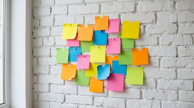 Group of 24 Colorful Sticky Notes on White Brick Wall for Creative Brainstorming and Daily Planning