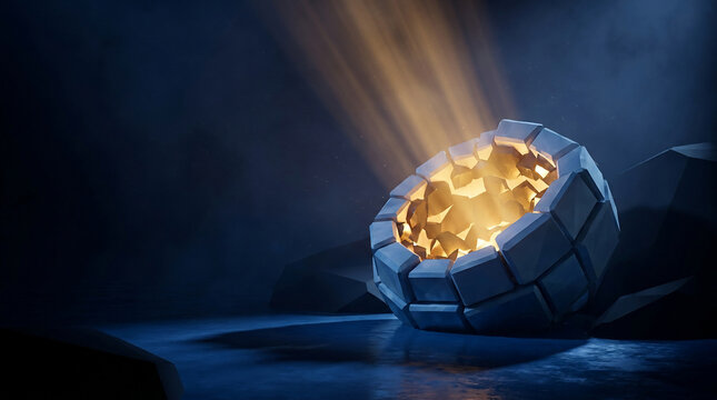 Glowing geometric core radiating warm light in a dark, textured environment, ideal for abstract concepts, technology themes and futuristic designs