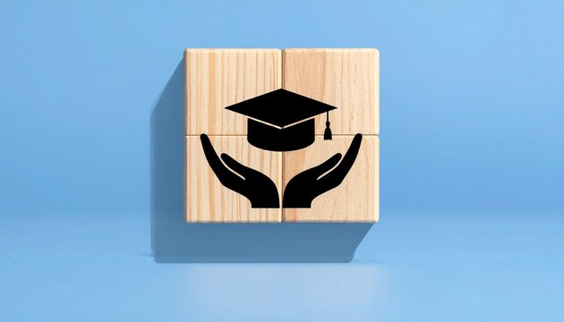 Wooden Cube Blocks Displaying Graduation Cap and Supporting Hands Icon for Education Support Concept
