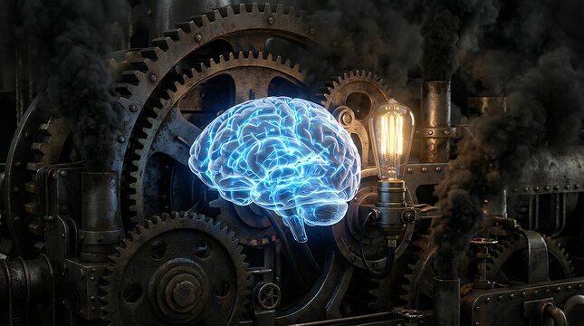 Glowing digital human brain inside complex industrial steampunk machinery with gears and light bulb