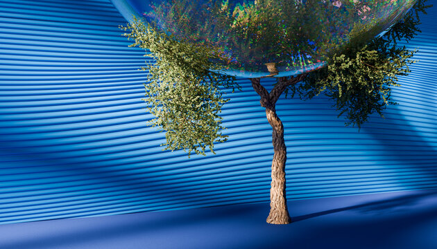 Reflected tree sculpture with green leaves against a blue patterned