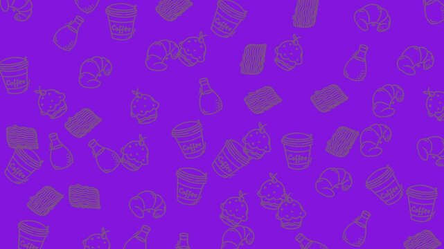 Seamless pattern background with cute hand drawn food and drink icons in purple.
