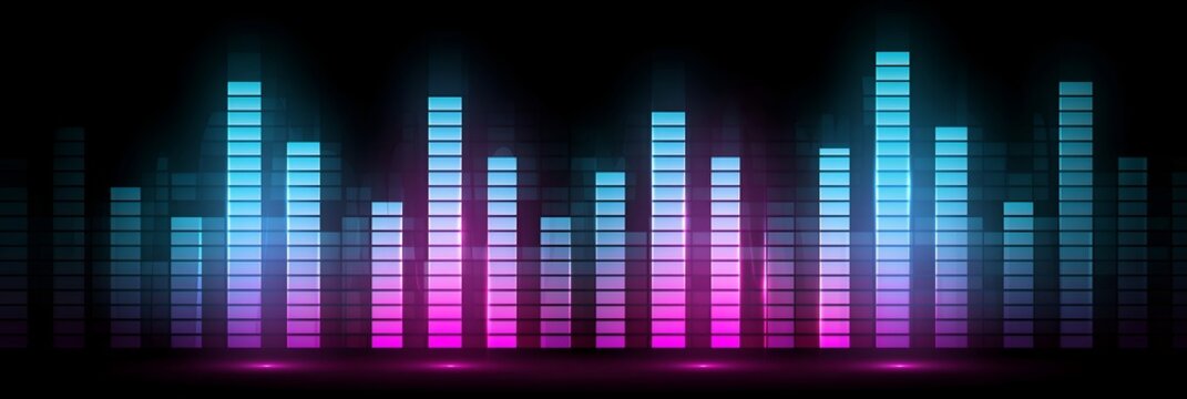 Vibrant sound waves pulse with neon hues against a dark background