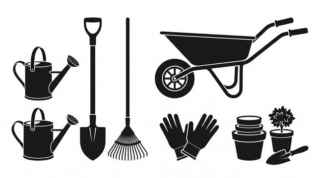 Set of black garden equipment silhouettes including wheelbarrow shovel and watering can