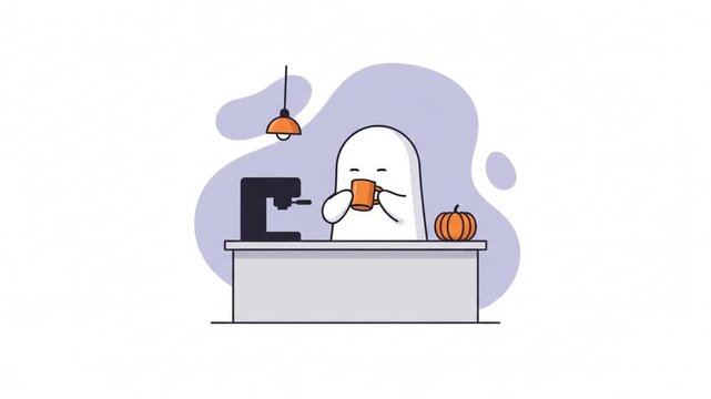 Cute Ghost Drinking Coffee with Pumpkin, Halloween Apparition Spirit (Spook)