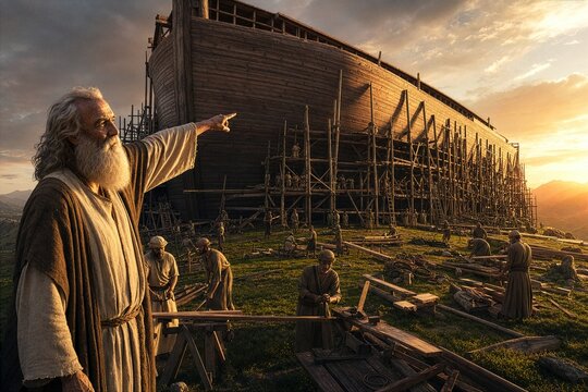 A gigantic wooden ark under construction on a green hill. People from the biblical era are working around it. Old Noah, with a grey beard, points at the structure.