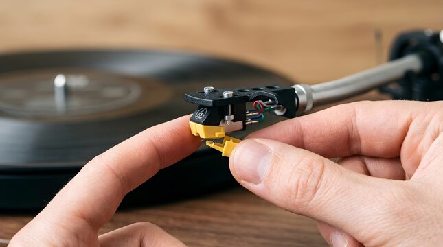 Hands carefully fitting a yellow plastic protective cap onto a vinyl turntable stylus cartridge attached to a tonearm headshell.