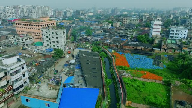 Aerial View Of Old Dhaka Neighborhood With Narrow Water Canal