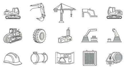 Fototapeta premium Industrial building components and site machinery outline icons.