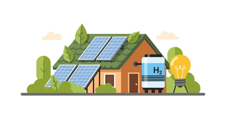 Naklejka premium Sustainable House Illustration with Solar Panels and Hydrogen H2 Storage Tank for Renewable Energy Concept