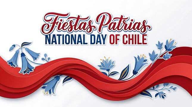 Fiestas patrias national day of chile celebration banner with red paper cut waves and blue copihue flowers isolated on white background