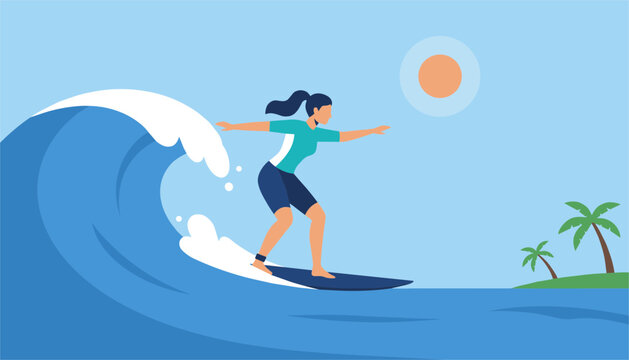 Athletic female surfer riding a massive blue ocean wave near a scenic tropical palm tree island on a sunny day.