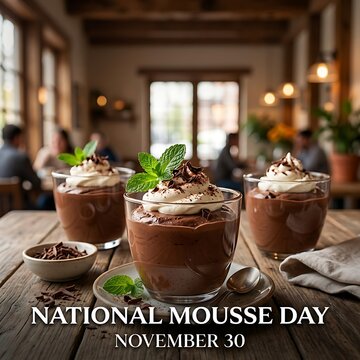 National mousse day november 30 with delicious chocolate mousse desserts with whipped cream, mint leaves, and chocolate shavings on a rustic wooden table in a cafe