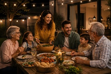 Obraz premium Family Night Backyard Dinner, String Lights Outdoor Gathering, Multi-Generational House Party, Warm Evening Celebration, Modern Home Lifestyle Scene.