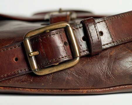 Close-up of a brown leather belt with brass buckle.