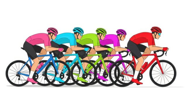 Professional cycling team in colorful jerseys riding road bikes. Flat vector illustration of a bicycle race peloton.
