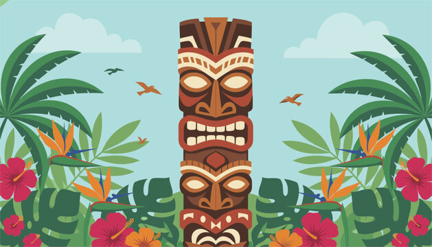 Colorful wooden tiki totem pole stands amidst exotic tropical leaves and bright red hibiscus flowers in a lush paradise.