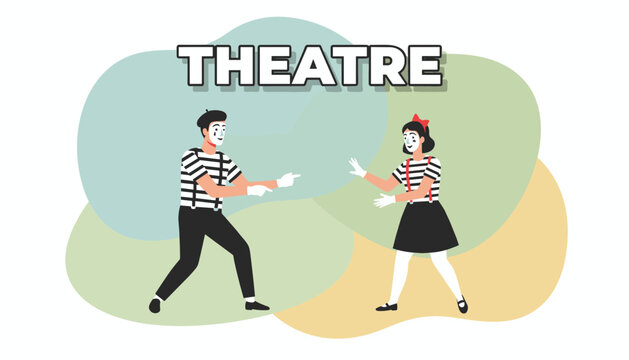 Male and female mimes perform a classical silent theater routine in striped shirts and white face paint on a pastel background.