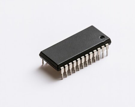 Black rectangular chip with silver pins, isolated against white background.