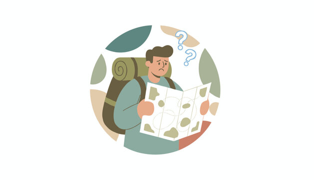 Young hiker with a backpack looking confused and scratched his head while holding and reading a map inside a round graphic.