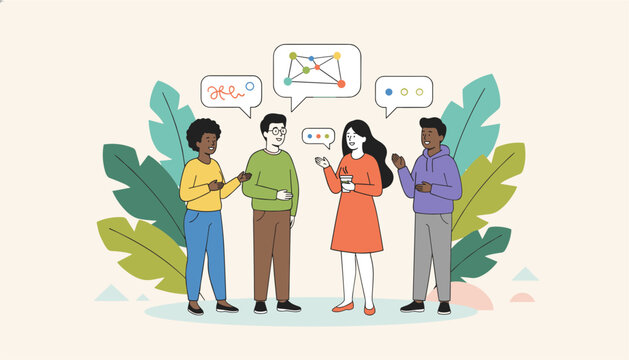 Group of diverse friends standing together in a park, talking with unique geometric and abstract symbols in their speech bubbles.