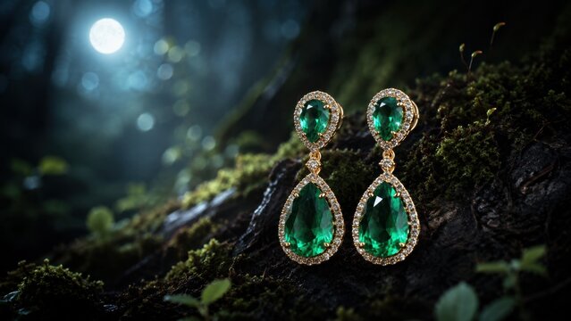 Luxury Emerald Earrings with Diamonds on Mossy Tree Bark Under Full Moon in Forest. Concept of luxury jewelry, gold earrings, gemstone jewelry, drop earrings. Copy space.