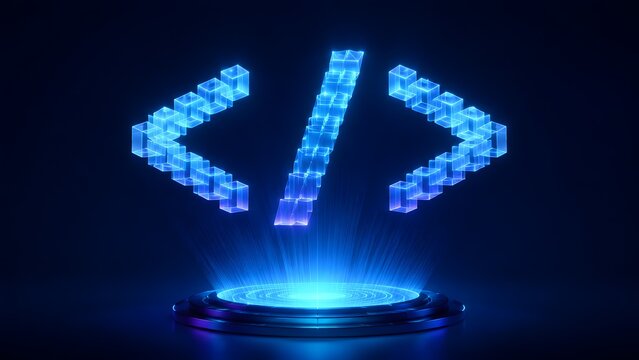 Glowing blue holographic code brackets made of blocks representing software development and programming architecture