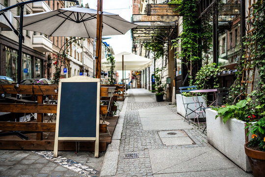 Wroclaw old town cafe terrace with chalkboard sign