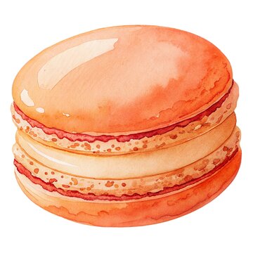 Detailed watercolor illustration of a fresh sweet peach macaron cookie isolated