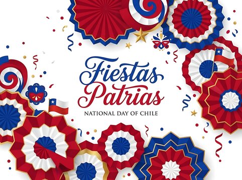 Fiestas patrias celebration background with chilean flags and paper fans isolated on white background