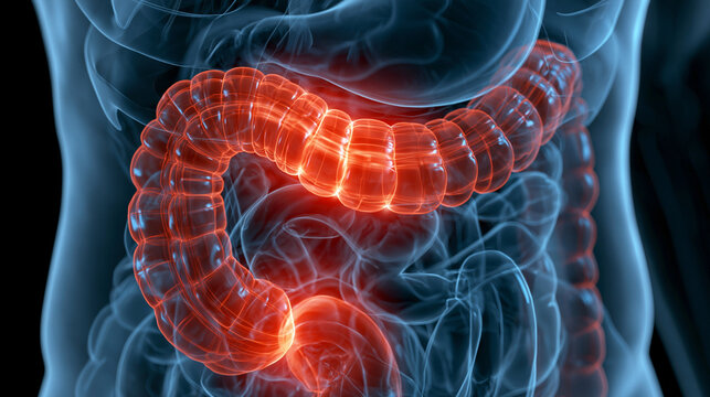 3D medical illustration highlighting human large intestine inflammation with glowing red details. Perfect for healthcare concepts on digestive health.