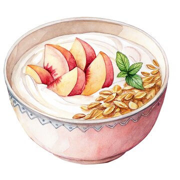 Detailed watercolor illustration of a fresh sweet peach yogurt or oatmeal bowl isolated