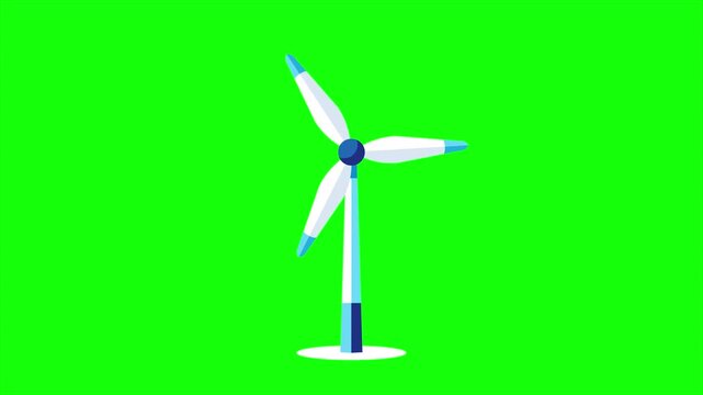 Wind Turbine Flat Vector Animation Loop On Chroma Key Green