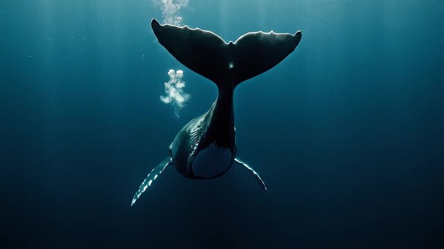 Whale's Tail Vanishing: A humpback whale's fluke disappears into the deep blue ocean, leaving behind a trail of bubbles, a symbol of nature's mystery and grandeur.