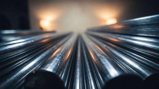 Close-up of parallel metal pipes or tubes reflecting warm light receding into the background of an industrial setting raw material production line industrial