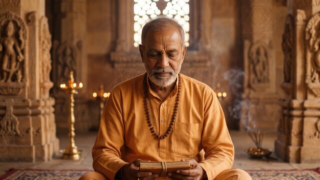 Indian Priest Meditating in Ancient Hindu Temple. Concept of hindu monk, meditation, indian culture, spiritual man. Copy space.