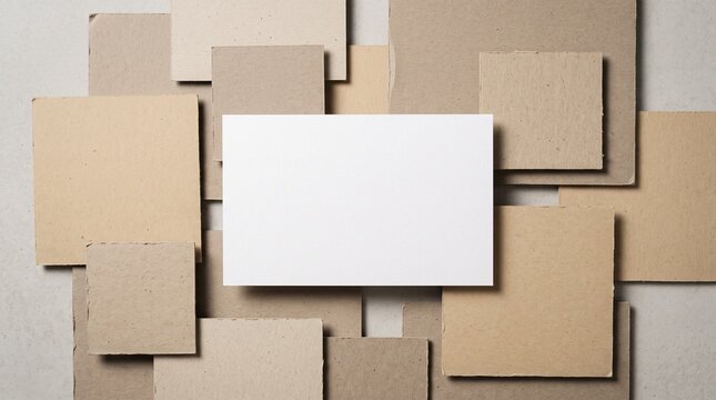 Minimalist composition of layered earth tone paper cards and textured cardboard pieces surrounding central blank white rectangular mockup for graphic design projects.