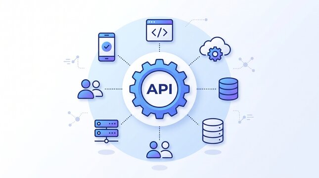 Integrated api architecture diagram displaying central gear icon surrounded by digital infrastructure nodes representing cloud servers mobile applications and data storage systems.